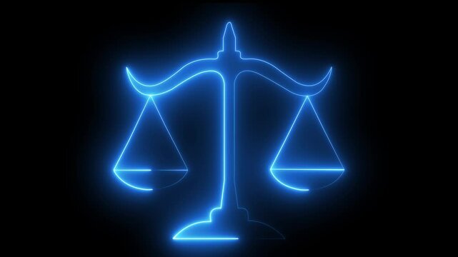 Glowing neon line Scales of justice icon isolated on black background. Court of law symbol. Balance scale sign.  animation