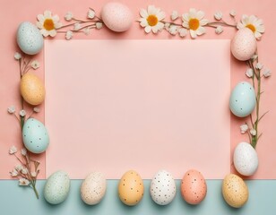 Easter composition with pastel eggs and flowers, space for greeting text