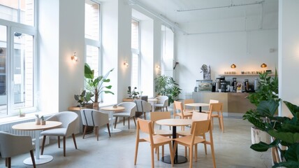 Fototapeta premium A bright, modern caf? interior with minimalist decor, natural light, and indoor plants creating a welcoming ambiance. Serene setting.