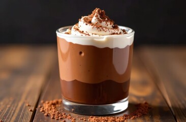 creamy layered chocolate mousse in glass topped with whipped cream and cocoa powder on wooden table. dessert concept for menu poster design