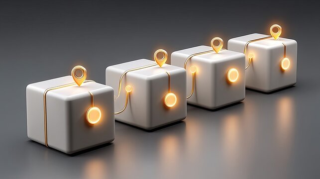 Cross-border e-commerce logistics systems, Four illuminated boxes with markers representing delivery tracking. Customs clearance tech, AI logistics automation