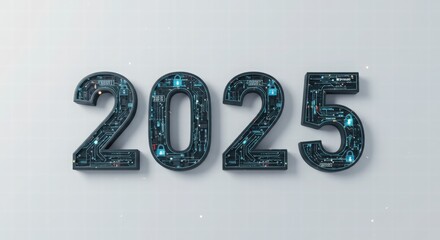 Futuristic 2025 Year Concept with Circuit Board Design and Security Elements