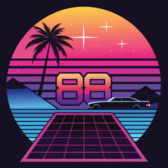 Retro Futuristic Car with Palm Trees and Grid Landscape &ndash; Vintage Synthwave Style Minimalist Vector Design.