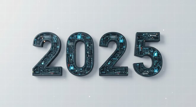 Futuristic 2025 Year Concept with Circuit Board Design and Security Elements