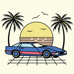 Retro Tropical Car Illustration – Vintage Vehicle with Palm Trees and Sunset in Flat Summer Beach Style.