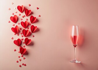 Obraz premium Valentine's Day Origami Heart Explosion from Champagne Glass - Pink Background Stock Photo