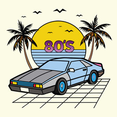 Retro Tropical Car Illustration – Vintage Vehicle with Palm Trees and Sunset in Flat Summer Beach Style.