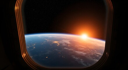 Fototapeta premium Earth View From Spaceship Window at Sunrise with City Lights