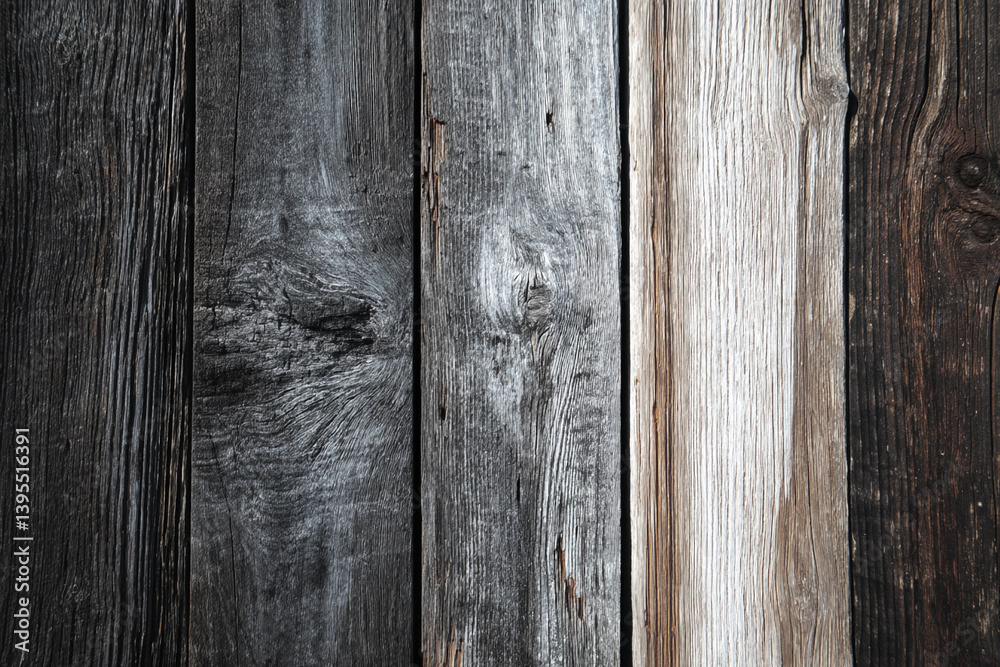 Poster close-up of weathered gray, brown, and white wood planks, showcasing vertical grain texture and natu