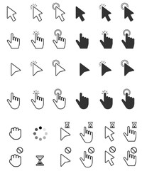 Computer cursor icon set, hourglass, computer mouse, Pointer cursor computer mouse icon collection. Clicking the cursor. Hand clicks. Pointing hand click icon. Click the cursor. Vector illustration