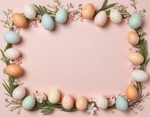 Easter composition with pastel eggs and flowers, space for greeting text
