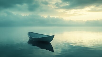Naklejka premium Lone boat floating on tranquil water under a cloudy sky. Mental health awareness