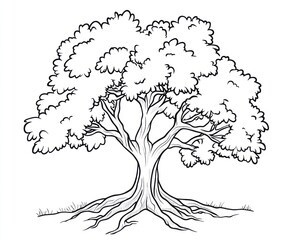 Large tree drawing, roots visible, simple background, coloring book page