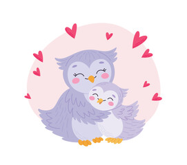 Mother and baby owls. Cute family of forest birds. Flat vector illustration of a mother and her child
