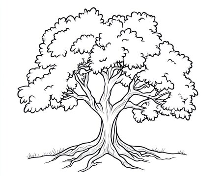 Large tree drawing, roots visible, simple background, coloring book page