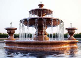 Elegant stone fountain with cascading water streams in tranquil park setting at sunset