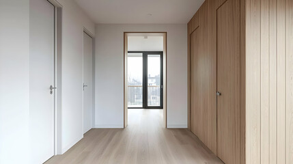 Fototapeta premium Bright Empty Hallway With Wooden Walls And Light Wood Floors