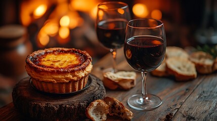 A rustic dinner scene featuring a delicious quiche and a glass of red wine by a warm fireplace.