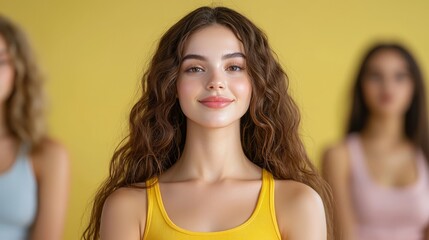 Fototapeta premium Radiant woman with flowing hair in vibrant yellow top captivating portrait
