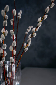 Happy easter concept in interior. Pussy willow branches in glass vase on a white table and a gray background. Vertical photo.
