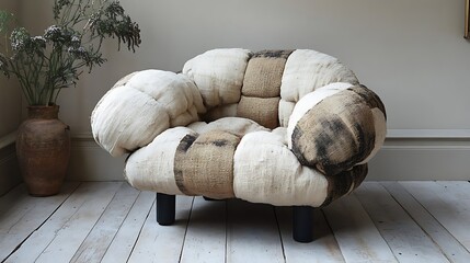 A unique, handcrafted armchair with a patchwork of natural fabrics.