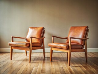 Obraz premium Vintage Scandinavian Mid-Century Modern Wood & Leather Chairs: Retro Interior Design Stock Photo