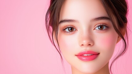 Fototapeta premium Striking pink lipstick portrait woman against monochromatic backdrop portrait