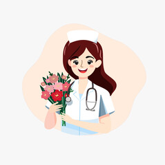 Smiling cartoon nurse holding a bouquet of flowers. She wears a white uniform, cap, and a stethoscope. Celebratory medical illustration.