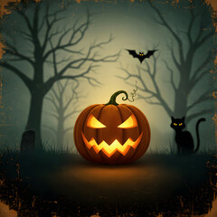 Halloween Card Party - Pumpkins And Zombies In Graveyard With Wooden Board	