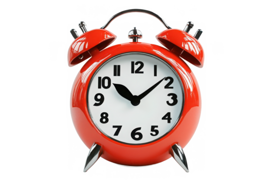 A vibrant red alarm clock displaying the time on a white face