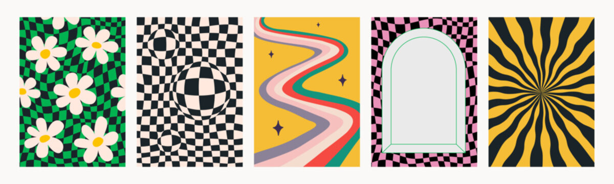 Abstract psychedelic retro pattern set. Groovy backgrounds in vivid colors. Trendy funky vector textures in abstract y2k style. Vector graphic for posters and art prints