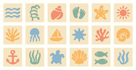 Ocean's Embrace: A collection of charming, hand-drawn icons, representing various aquatic elements, inviting viewers to immerse themselves in the tranquility of the sea.