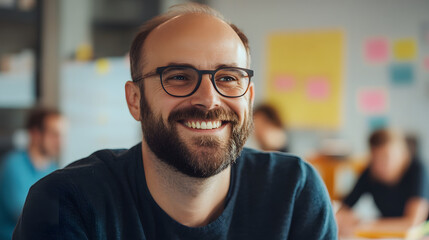 Fototapeta premium A close-up of a smiling man with glasses and a beard in a modern office setting, looking happy.
