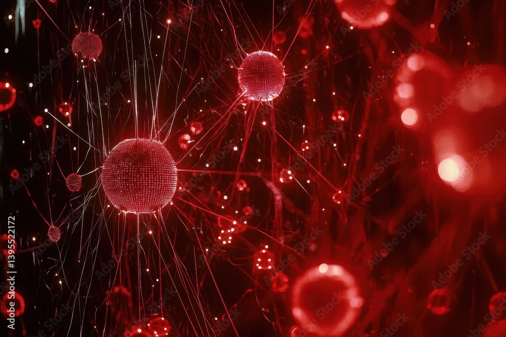 Wall mural red abstract digital network of particles and connections in space