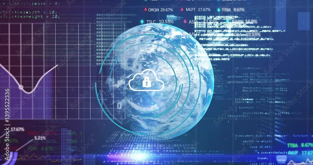 Poster cloud security icon on digital globe with financial data and coding in background