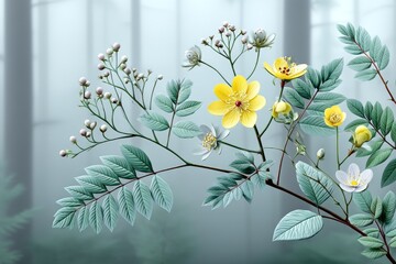 A dreamy watercolor of Mahonia aquifolium in a misty forest with soft lighting and gentle color transitions