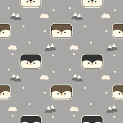 Face penguin square cartoon so cute. On mountain cloud snow gray background. Pattern seamless vector illustration. 