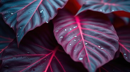 Vibrant, deep purple and pink leaves with water droplets. Close-up of tropical foliage