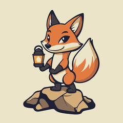 Obraz premium Cute cartoon fox holding a lantern standing on a rock, concept for children's book illustration, mascot design, or logo