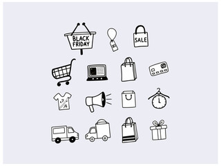 Flat Black Friday Icons Set for E-commerce. This set of flat icons visually represents Black Friday shopping. black friday vector coloring icon design illustration.