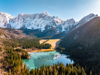 Laghi di Fusine with beautiful reflections of Mangart mountain, Italy, Tarvisio