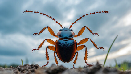 Fototapeta premium Close Up Macro Shot Of A Colorful Beetle Standing On The Dirt Ground