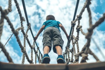 Low angle shoot of boy walking on a rope bridge 