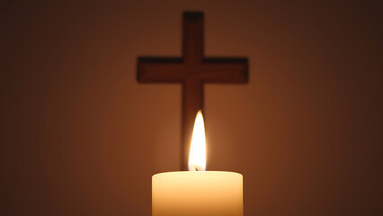 Serene Reflection A Candle's Soft Glow in Front of a Cross, Evoking Peace on Good Friday