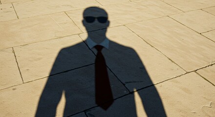 The image captures the shadow of a person wearing a suit, shirt, and tie, along with sunglasses, cast on a light-colored paved surface made of rectangular tiles. 