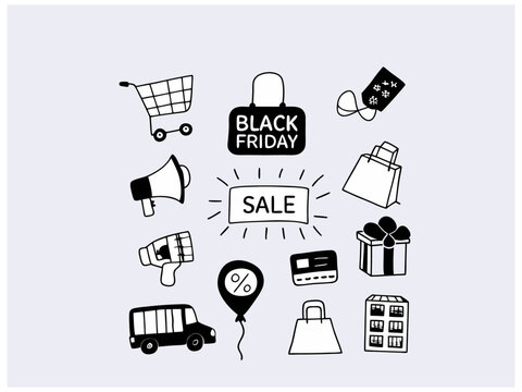 Black Friday Icons for Sale Promotion. Hand-drawn, simple black and white icons depicting Black Friday sale elements like gift boxes, shopping bags, a shopping cart, a megaphone, a truck, and a calend