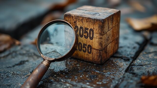 Wooden cube with 2050 year, magnifying glass