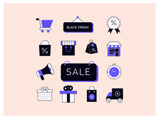 Black Friday Shopping Icons Set. A collection of simple, hand-drawn icons representing various elements of Black Friday shopping.