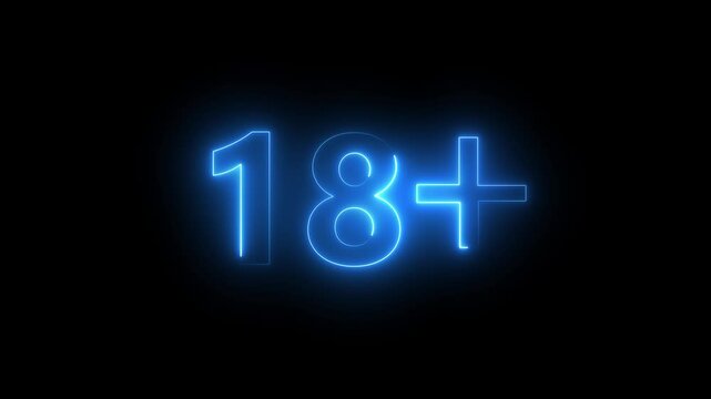 18+ not allowed icon. No under 18 sign icon animation. on the black background 18+ sign. Neon line number with glowing neon circle. 18+ age restriction sign from letters. Abstract glowing neon , 18+ p