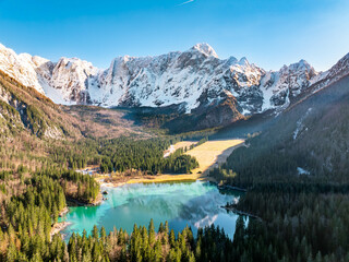 Laghi di Fusine with beautiful reflections of Mangart mountain, Italy, Tarvisio